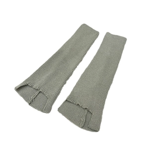 Grey Y2K style knitted leg warmers with ribbed texture on a white background