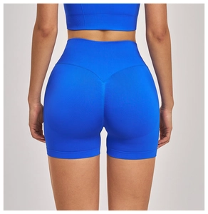 Rear view of seamless high-waist yoga shorts in electric blue with V-shape lifting seam