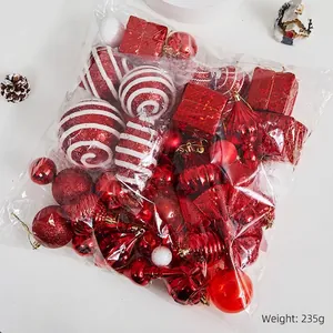 Red and white Christmas tree ornament set featuring striped balls and festive pendants