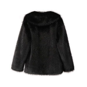 Back view of a black faux fur coat with a hood showing premium long-hair texture