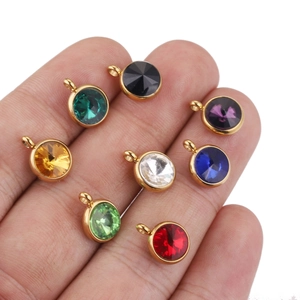Golden stainless steel 10mm birthstone pendants in eight vibrant faceted crystal colors