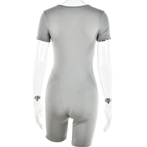 Detail view of the slim fit short sleeve grey romper with back zipper closure