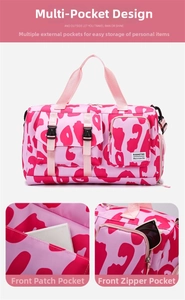 Pink patterned travel bag with multiple storage pockets and top handles for fitness