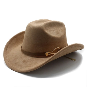 Detail of khaki felt cowboy hat featuring dark brown leather band with golden buckle