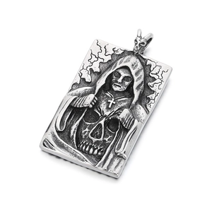 Gothic pendant featuring a hooded reaper with skull and cross in vintage steel