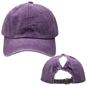 Detail of purple washed cotton ponytail baseball cap with functional back opening