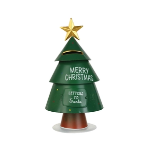 Christmas tree shaped metal Santa mailbox with Merry Christmas text and red base