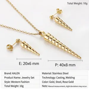 Detail view of gold cone-shaped stainless steel necklace and earrings with dimensions