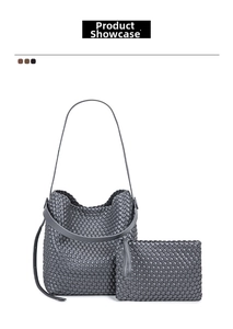Detail of grey woven PU leather tote bag set featuring intricate cross-stitch texture