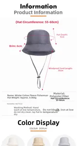Detailed size chart for the winter padded bucket hat with dimensions and windproof rope
