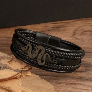 Men's multilayer black braided leather bracelet featuring a black metal snake ornament