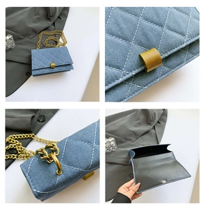 Detailed views of blue denim crossbody bag with gold chain and quilted diamond pattern