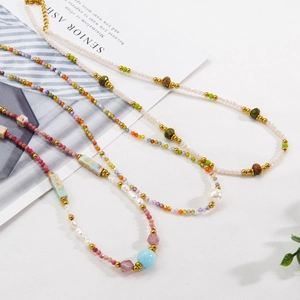 Handmade beaded titanium steel necklace with natural stones and pearls in boho style