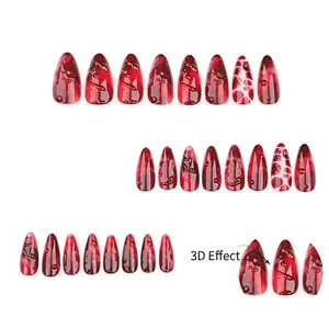 3D blood red marble short almond press-on nails for Halloween with gradient effect