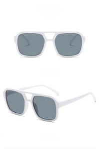Front and 45-degree angle detail of white square double bridge frame sunglasses