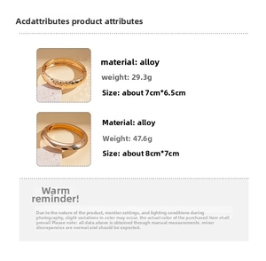 Detail specifications of geometric alloy cuffs showing weight and dimensions in gold finish