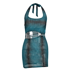 Detail of blue and black striped knit halter dress with circular waist cutout feature