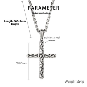 Detailed specifications of a men's stainless steel Byzantine chain with a cross pendant