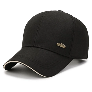 Men's black baseball cap with white brim edge and side metal sports style badge