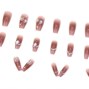 Gradient brown long ballerina press-on nails with 3D camellia flower and pearl accents