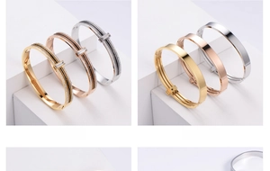 Three-color titanium steel bangles with buckle clasps and polished black glue inlay
