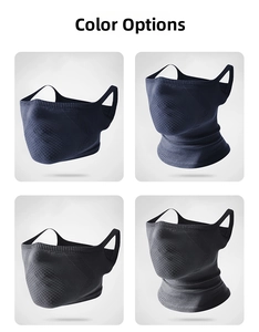 Detail display of navy and grey windproof sports neck gaiters with ear loops