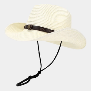 Detail of cross-stitched brown leather band and metal buckle on woven panama straw hat