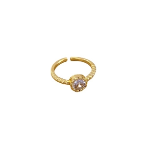 Minimalist gold plated adjustable open ring with round zircon and textured band