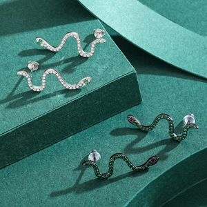 S925 sterling silver snake stud earrings with colorful zircon stones in punk style