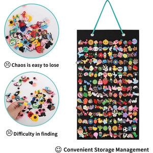 Detail of wall-mounted black storage organizer showing neat vs messy shoe charm comparison