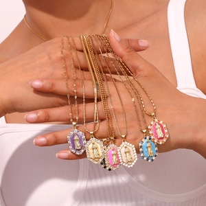 Religious 18K gold plated necklace set with hexagonal Virgin Mary enamel pendants