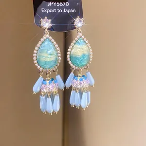 Vintage teardrop crystal tassel earrings with pearls and colorful resin accents