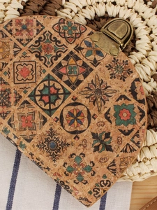 Bohemian style cork crossbody round bag with ethnic floral pattern and bronze buckle