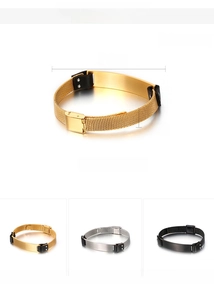 Detail of mesh stainless steel watch-style bracelet with leather accent in gold, silver and black