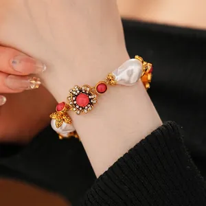 Vintage baroque style irregular pearl bracelet with crystal floral accents for women