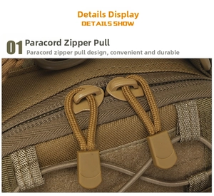 Detail of durable coyote brown paracord zipper pulls on tactical nylon outdoor bag