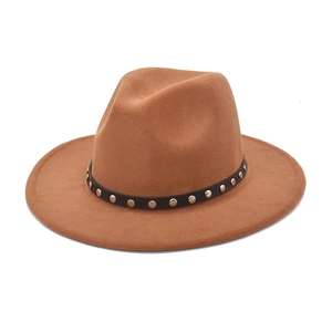 Classic camel wool fedora hat with wide brim and studded black belt buckle band