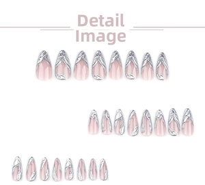 Detail of nude pink almond press-on nails with 3D silver metallic fluid line textures