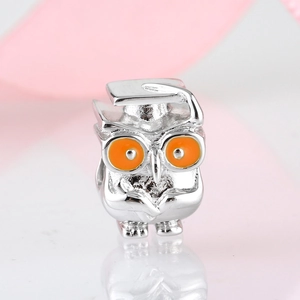S925 sterling silver owl bead with orange eyes and graduation cap for DIY bracelets