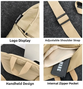 Detailed close-up of beige nylon crossbody bag with adjustable strap and brand tag