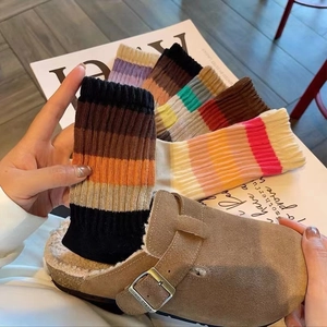 Vintage style colorful striped crew socks with cozy suede slippers for women