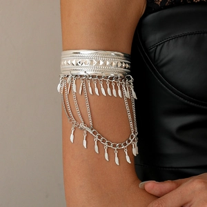 Silver geometric leaf tassel arm cuff bracelet with multi-layer chains for women