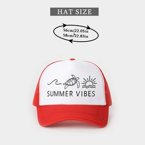 Detail view of Summer Vibes print and breathable mesh on adjustable trucker hat