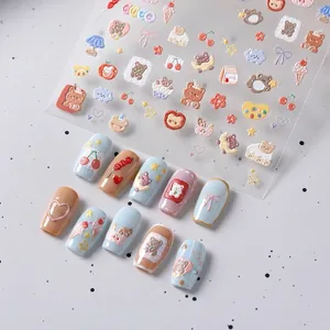 5D embossed cartoon bear nail stickers with hearts and cherry patterns in macaron colors