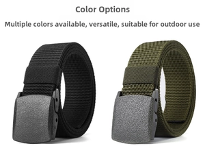Detail of black and army green tactical nylon belts with non-metal plastic buckles