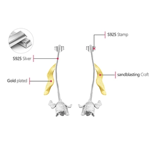 Detail of S925 silver tulip earrings with gold plating and sandblasting craft text