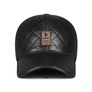 Insulated black quilted PU leather baseball cap with ear protection for winter warmth