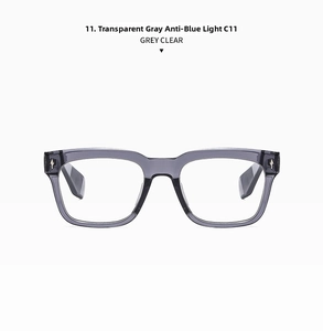 Detail view of transparent grey square frames with anti-blue light lenses and metal rivets