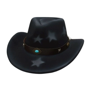 Cappello da cowboy nero in feltro con stelle bianche e fascia decorata con turchese