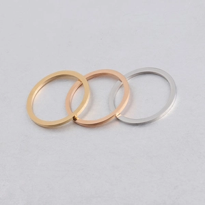 Detailed view of 25mm round stainless steel rings in gold, rose gold and silver finishes